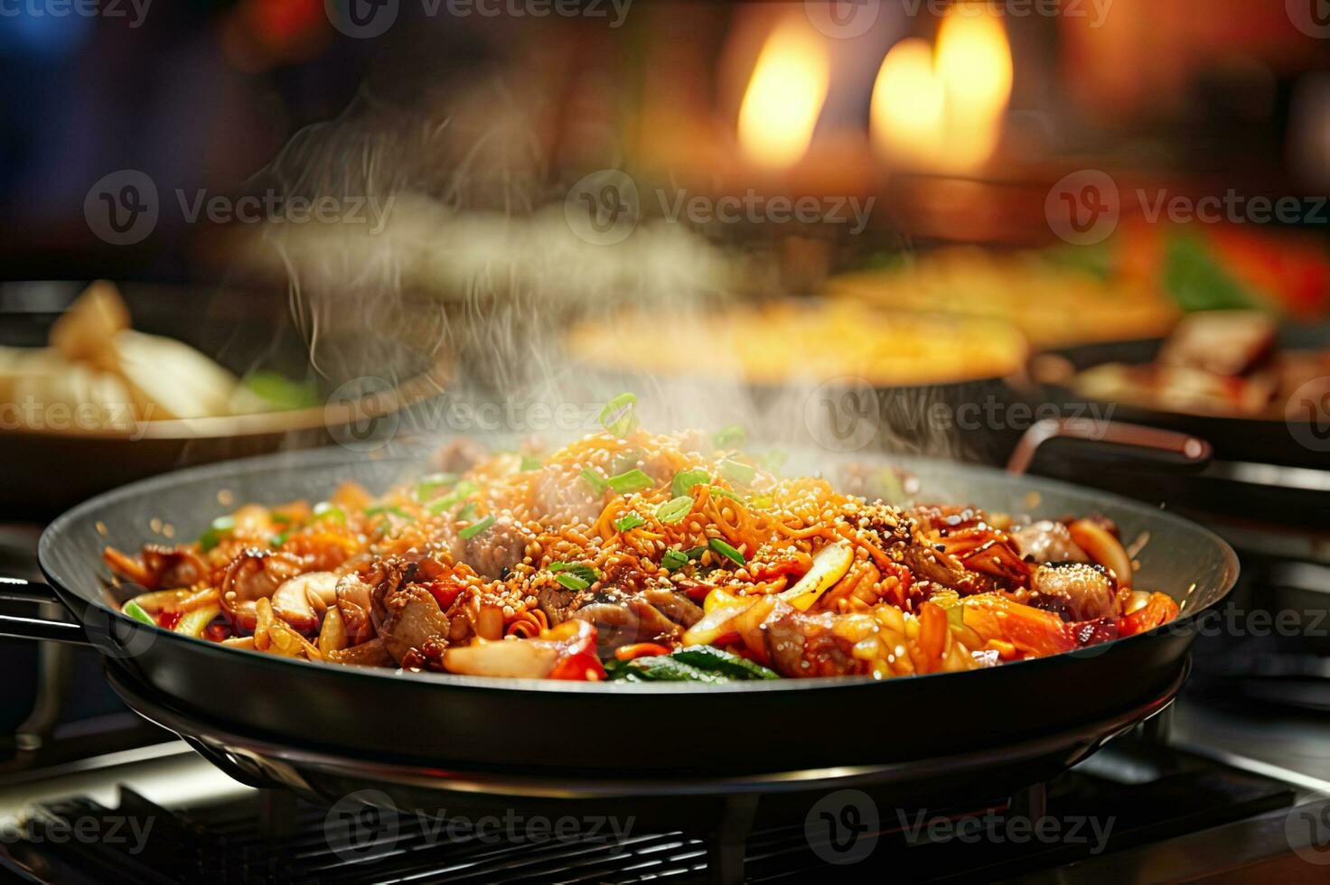 koreanska smak vegetarian panorera matlagning i kök generativ ai foto