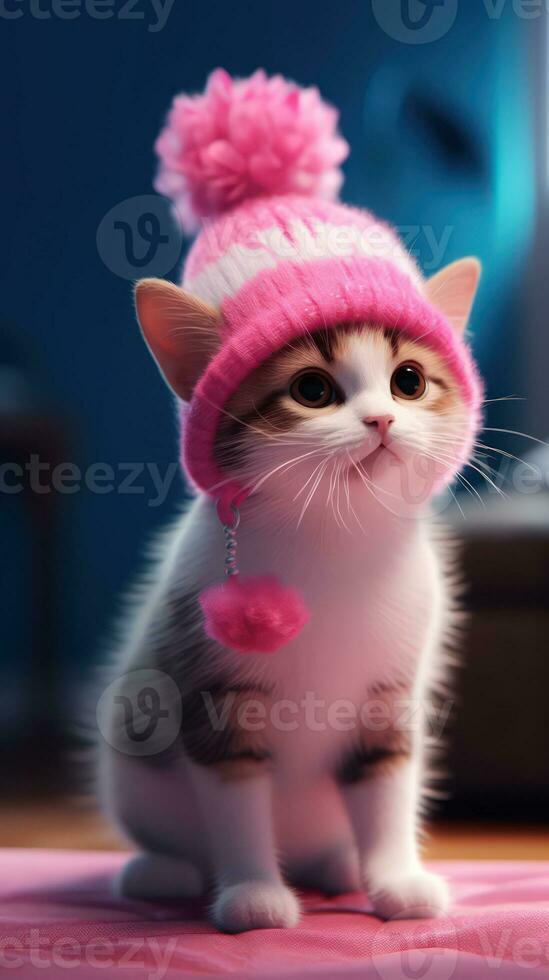 förtjusande små katt bär en rosa och vit hatt i färgrik animering stil ai genererad foto