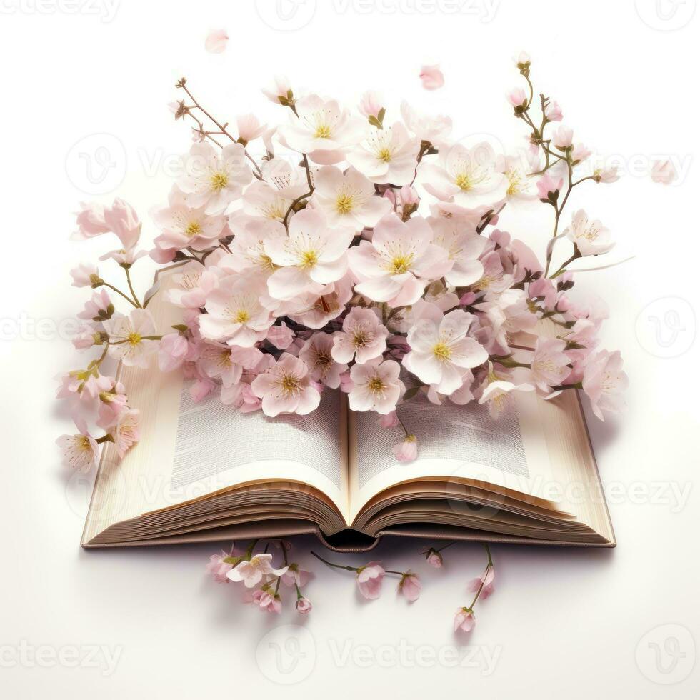 minimalistisk vår blommor på ett öppen bok ai genererad foto