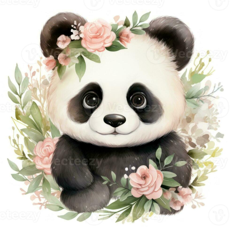 förtjusande vattenfärg bebis panda med en blomma krona ClipArt på vit bakgrund ai genererad foto