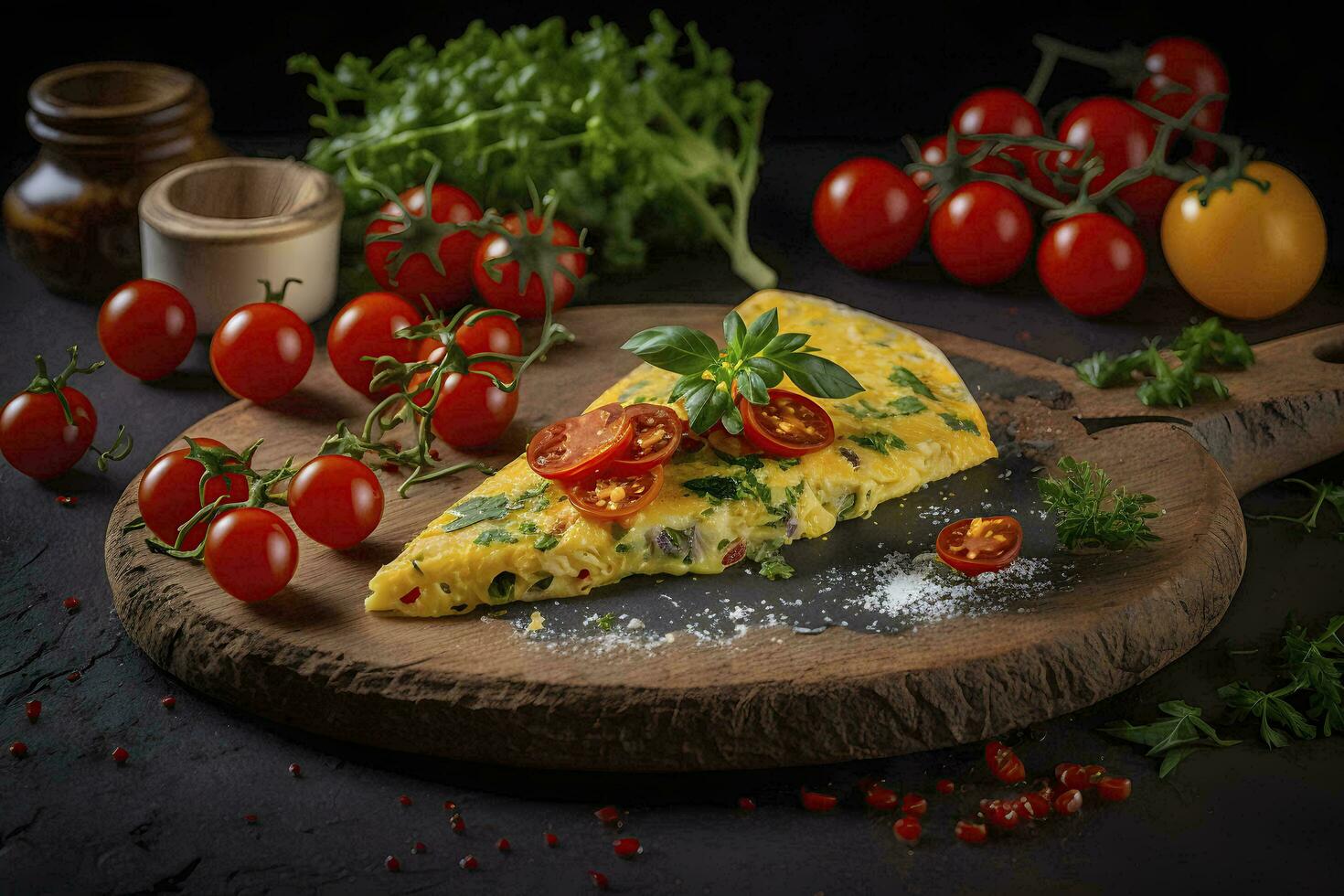utsökt omelett med persilja körsbär tomater och copy ai genererad foto