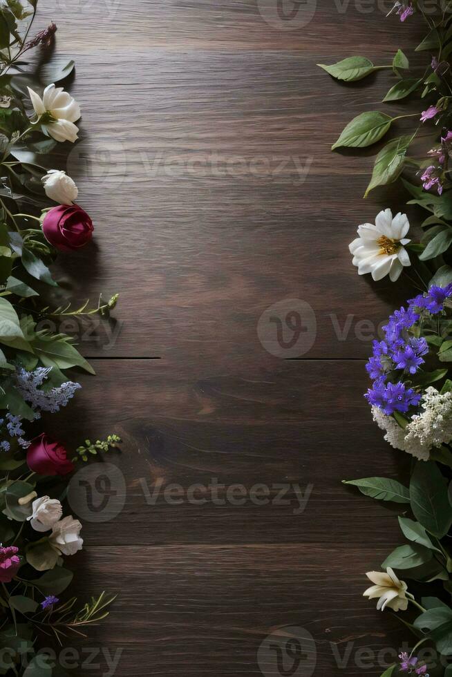 trä- bakgrund och blommor baner mall attrapp bakgrund foto