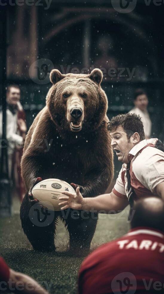 grizzly Björn spelar rugby amerikan fotboll löpning med boll humaniserad realistisk fotografi foto