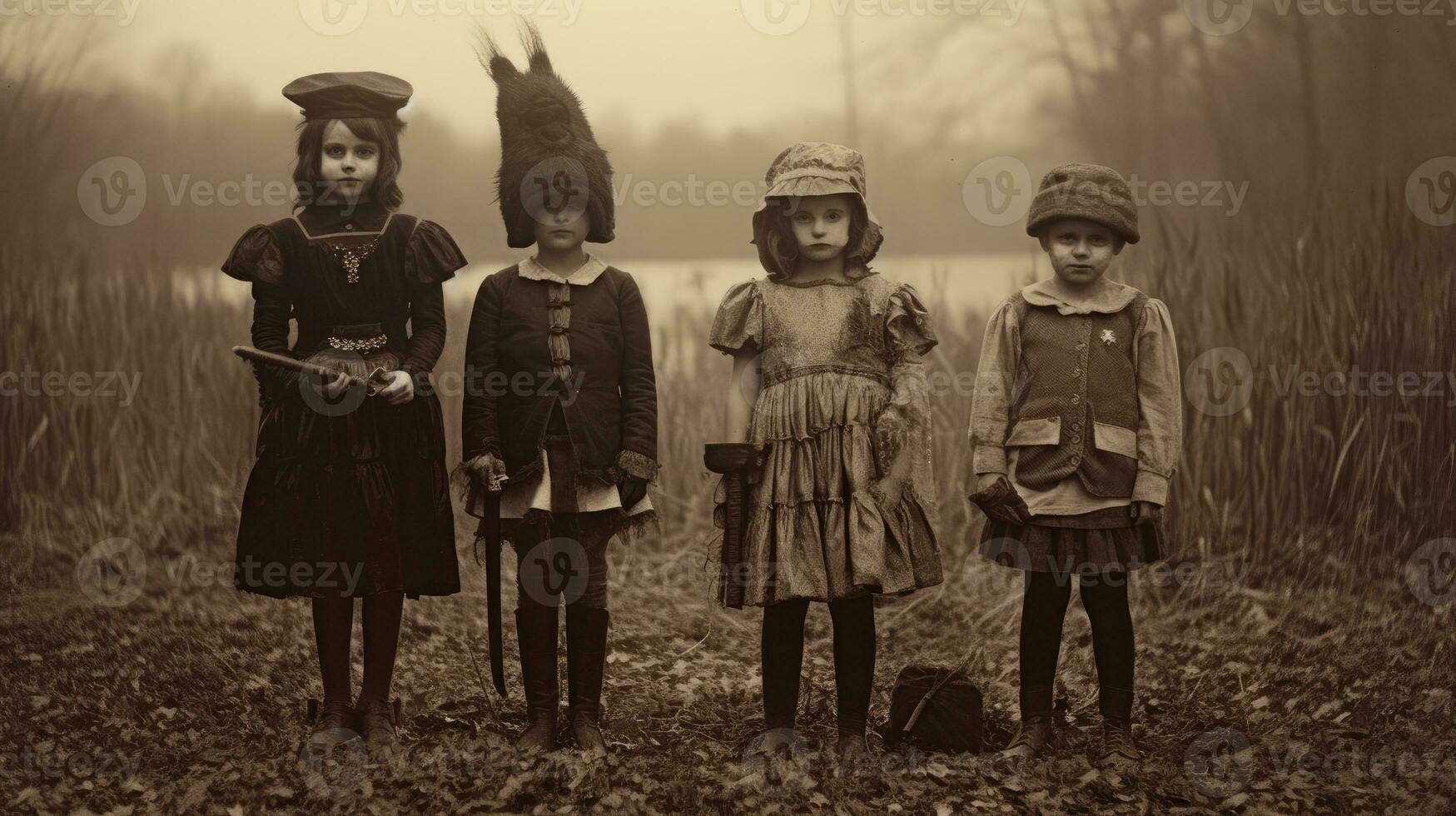 barn barn halloween skrämmande årgång fotografi masker 19:e århundrade Skräck kostymer fest foto