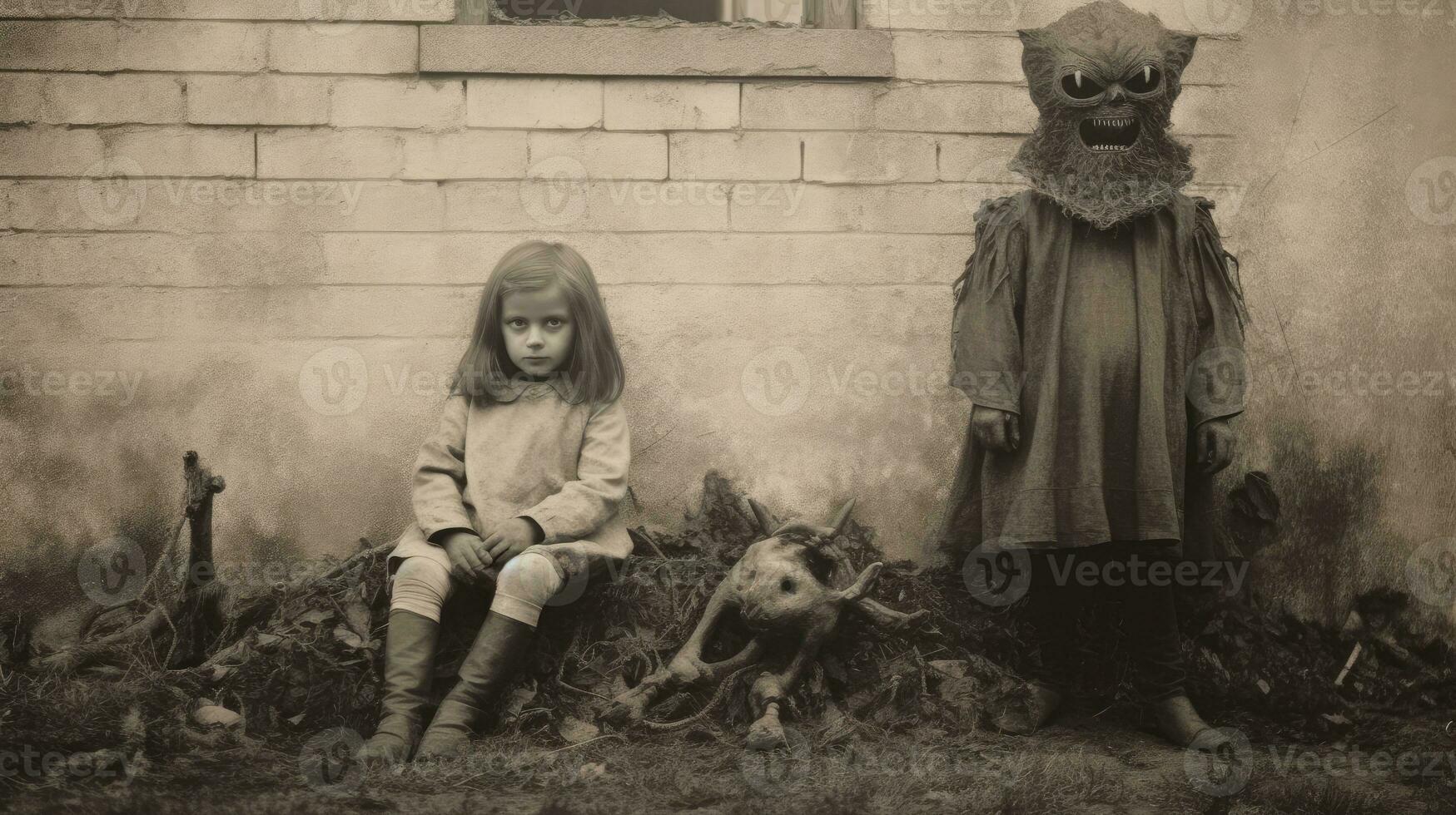 barn barn halloween skrämmande årgång fotografi masker 19:e århundrade Skräck kostymer fest foto