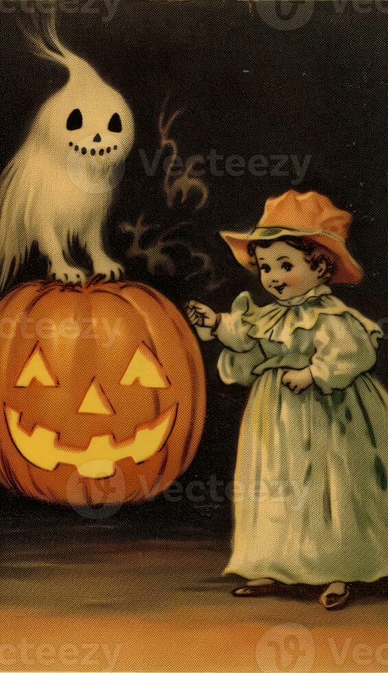 spöke anda årgång retro bok vykort illustration 1950 skrämmande halloween kostym leende foto