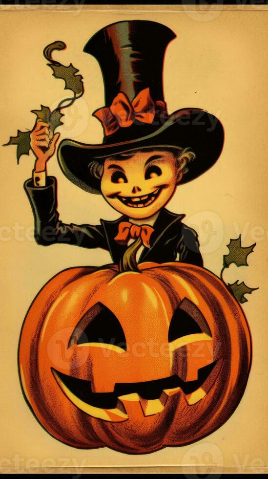 scarecrow spöke årgång retro bok vykort illustration 1950 skrämmande halloween kostym häxa foto