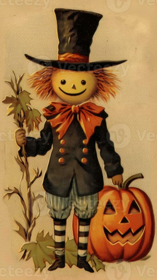 scarecrow spöke årgång retro bok vykort illustration 1950 skrämmande halloween kostym häxa foto