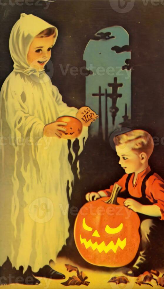 årgång retro barn bok vykort illustration 1950 skrämmande halloween kostym leende häxa foto