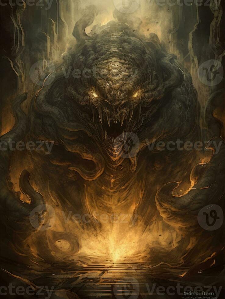 diablo satana demon slåss tatuering episk mörk fantasi illustration konst skrämmande affisch olja målning foto