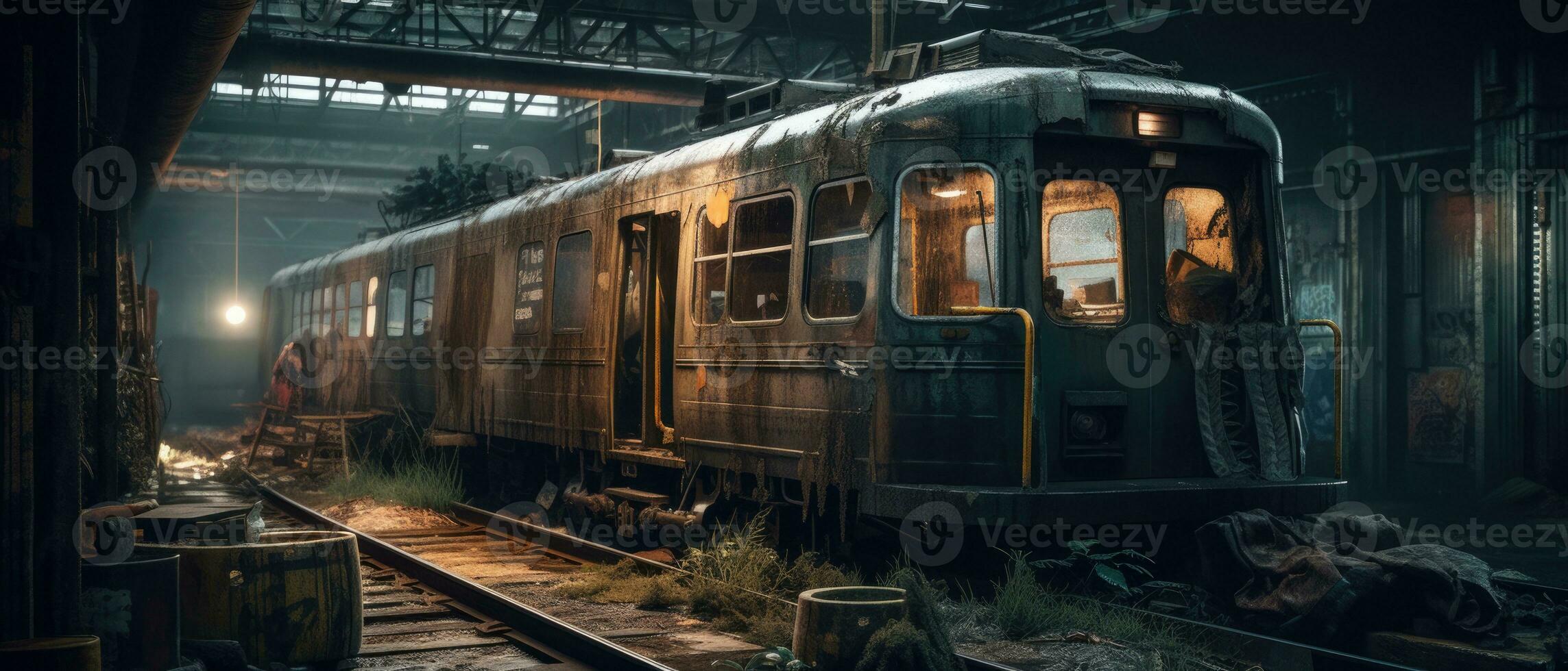 tåg vagn tunnelbana station posta apokalyps landskap spel tapet Foto konst illustration rost