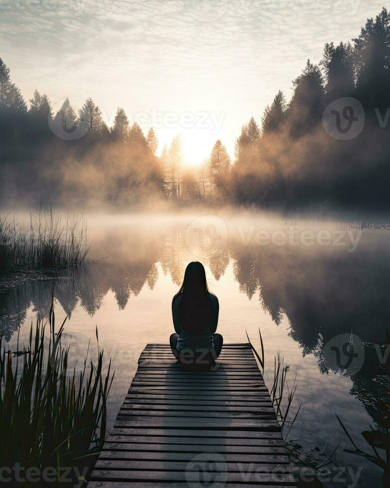 stigande meditation tystnad reflexion resten sjö landskap tystnad Foto zen avslappning ensam kvinna