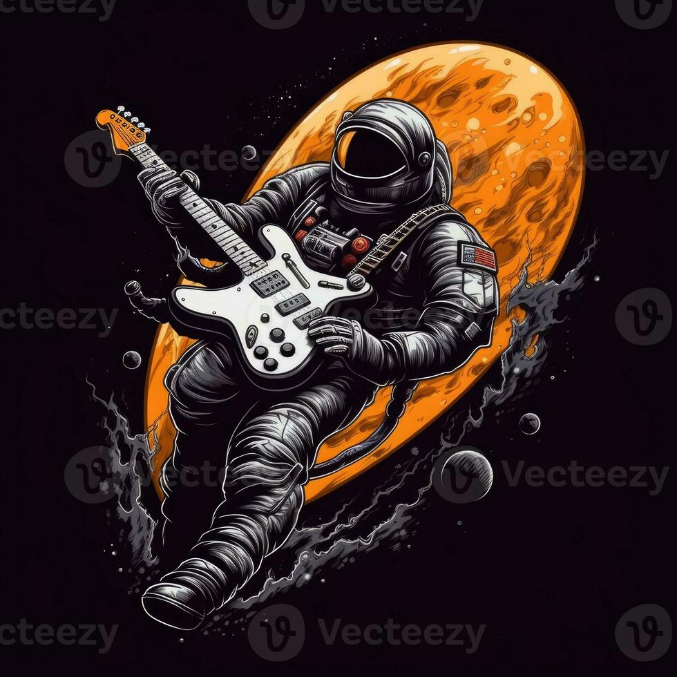 astronaut gitarr tshirt design attrapp tryckbar omslag tatuering isolerat vektor illustration konstverk foto