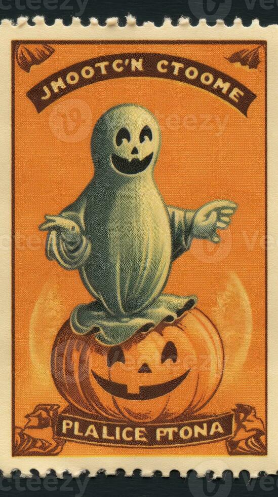 spöke anda söt porto stämpel retro årgång 1930 halloweens pumpa illustration skanna affisch foto