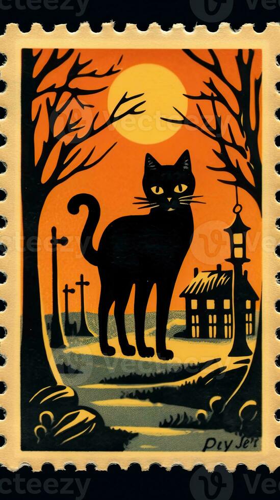 svart katt hatt söt porto stämpel retro årgång 1930 halloweens pumpa illustration skanna affisch foto