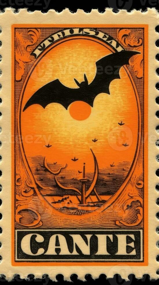 fladdermöss måne söt porto stämpel retro årgång 1930 halloweens pumpa illustration skanna affisch foto