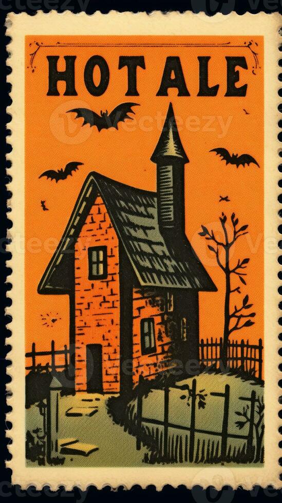 slott hus fladdermöss måne söt porto stämpel retro årgång 1930 halloweens illustration skanna affisch foto