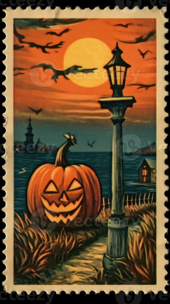 söt porto stämpel retro årgång 1930 halloweens pumpa måla illustration skanna affisch foto