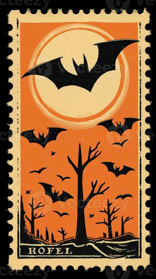 fladdermöss måne söt porto stämpel retro årgång 1930 halloweens pumpa illustration skanna affisch foto