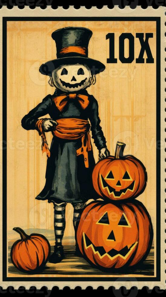 scarecrow söt porto stämpel retro årgång 1930 halloweens pumpa illustration skanna affisch foto