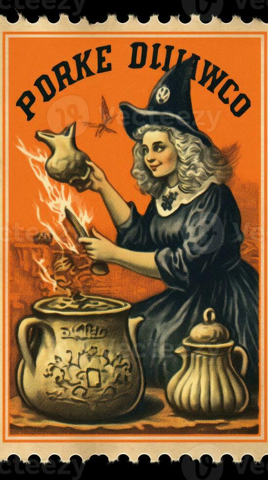 häxa kvinna söt porto stämpel retro årgång 1930 halloweens pumpa illustration skanna affisch foto