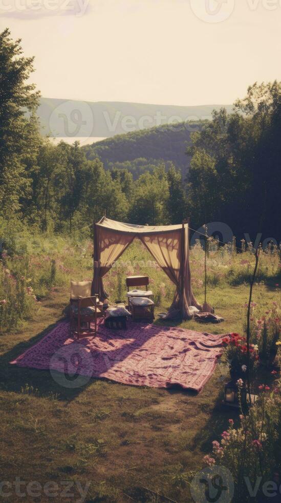 säng i de fält avslappning kudde täcke blommor plats dröm mjuk omslag Foto sovrum luft zen