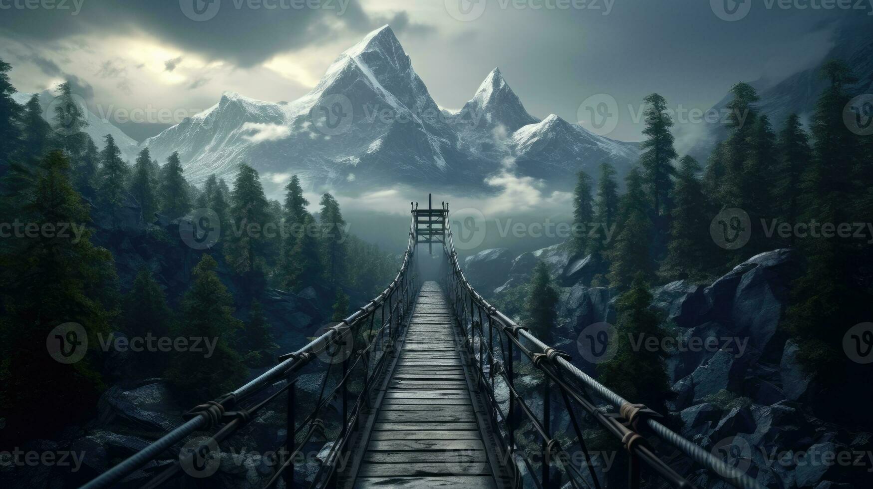 bro bergen dimma lynnig fredlig landskap frihet scen skön natur tapet Foto