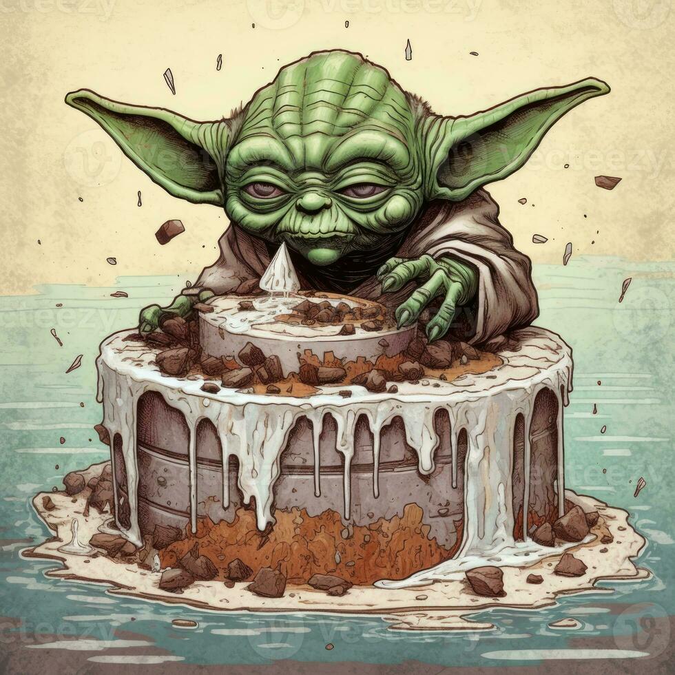 kaka bebis yoda rasande galen porträtt uttrycksfull illustration konstverk olja målad skiss tatuering foto