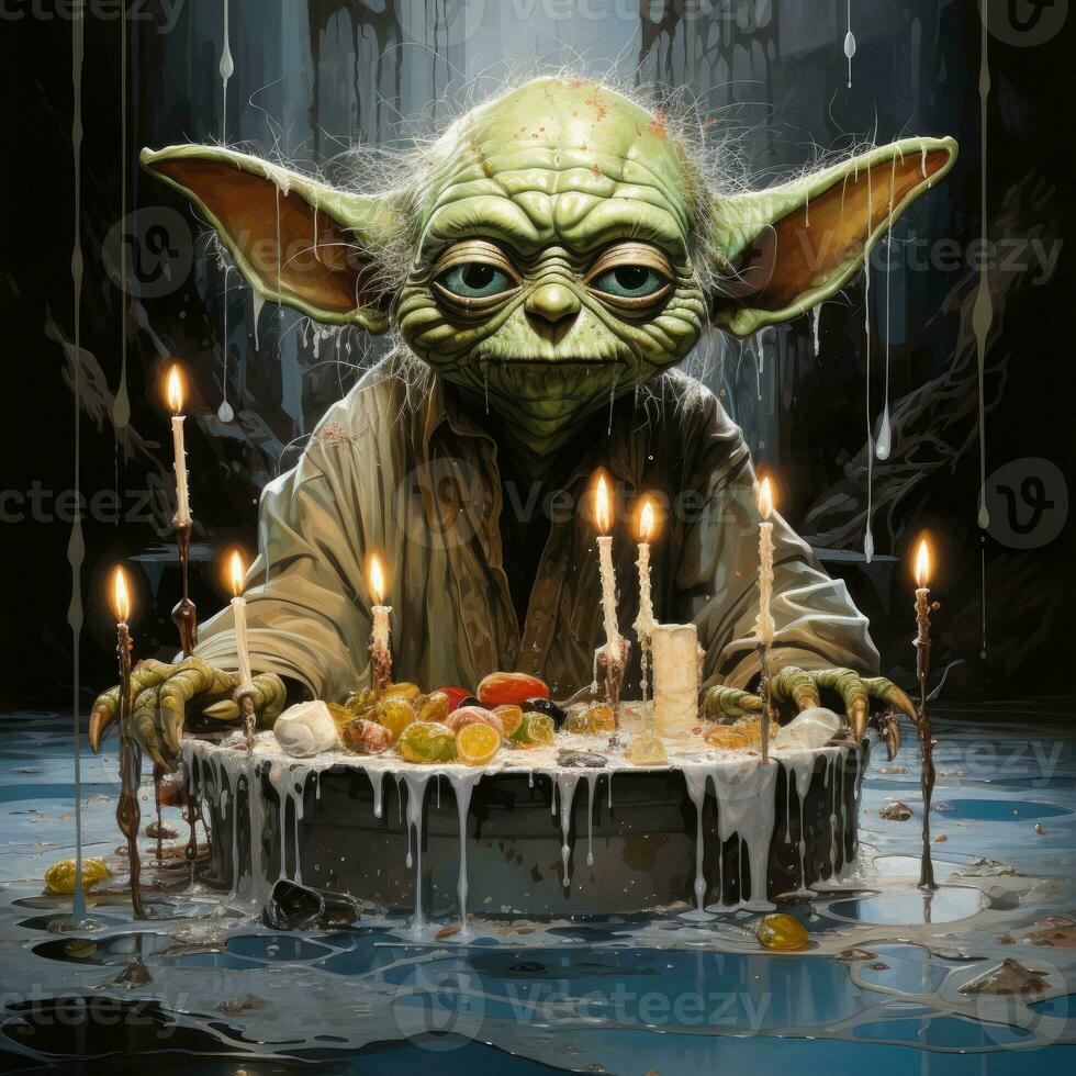 kaka bebis yoda rasande galen porträtt uttrycksfull illustration konstverk olja målad skiss tatuering foto