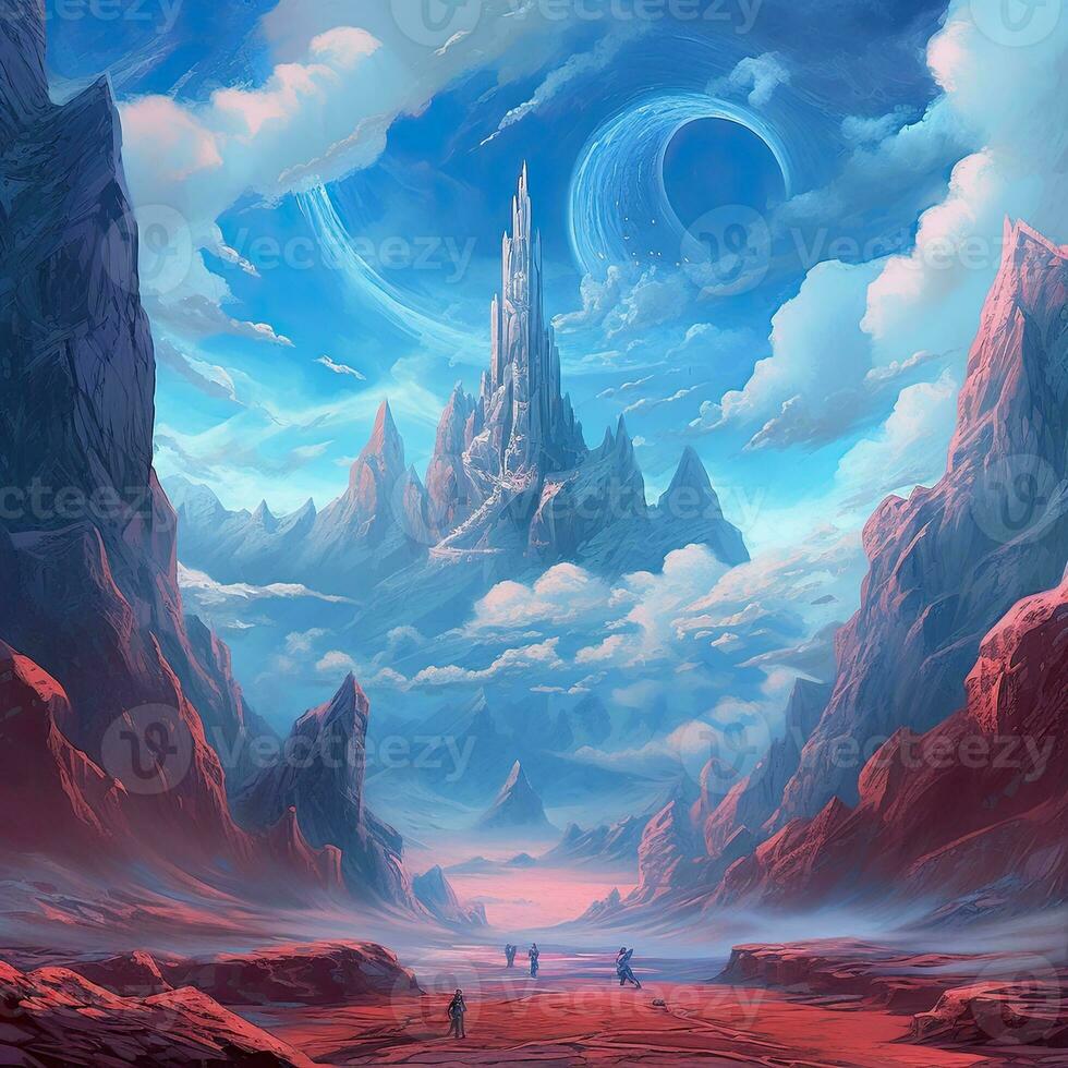 mysterium overkligt utomjording landskap värld panorama tapet bergen stenar moln illustration foto