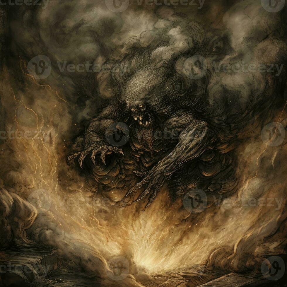 mörk fantasi Helvete lågor ondska Skräck rädsla rök demon krigare diablo illustration mardröm foto