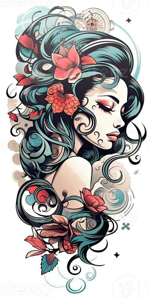 tatuering design kvinna flicka blommor retro stil illustration ClipArt affisch skiss glamour grafisk foto