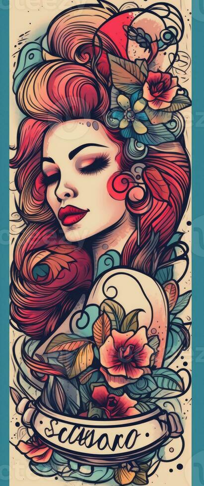tatuering design kvinna flicka blommor retro stil illustration ClipArt affisch skiss glamour grafisk foto