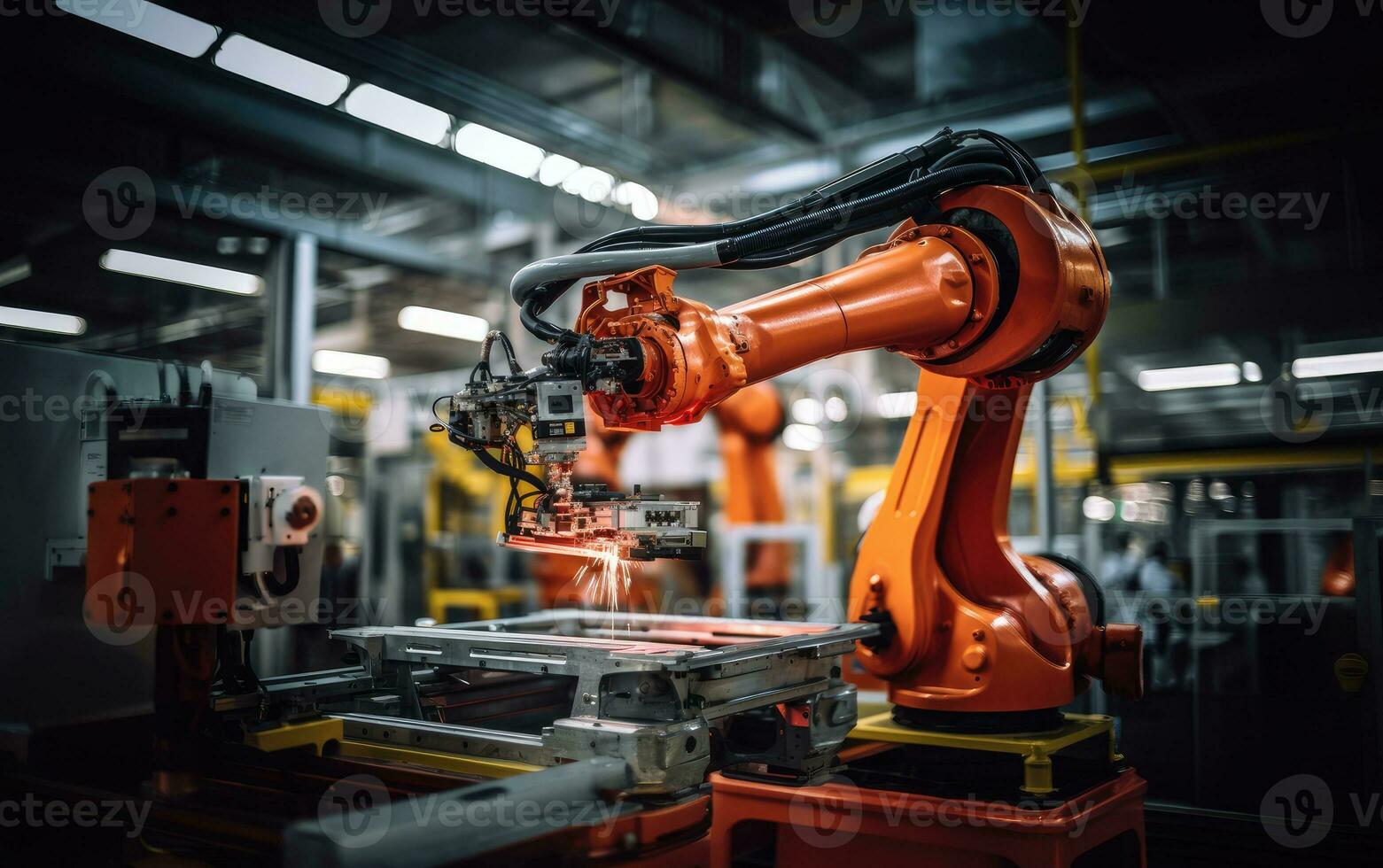 robot ärm hopsättning maskin fabrik verkstad gnistor Foto tillverkning automatiserad produktion