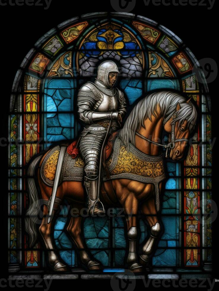 riddare häst svärd färgade glas fönster mosaik- religiös collage konstverk retro årgång texturerad foto