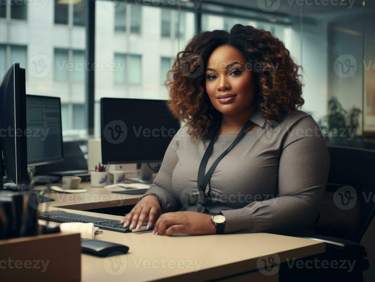 plus storlek Lycklig kurvig svart kvinna chef modern kontor framgångsrik jobb företag Foto svart