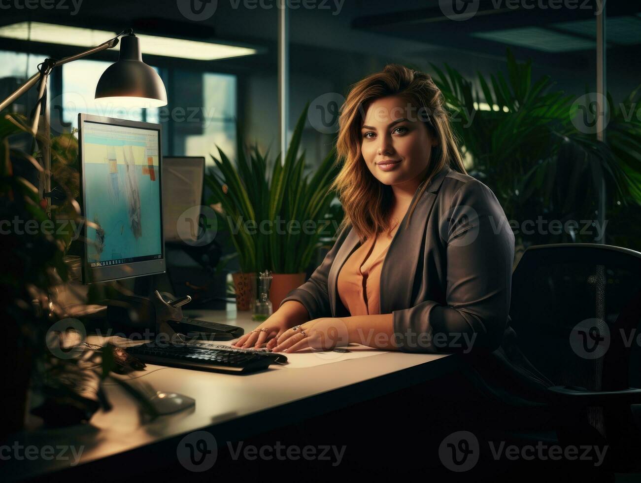 kvinna caucasian plus storlek Lycklig kurvig chef modern kontor framgångsrik jobb företag Foto