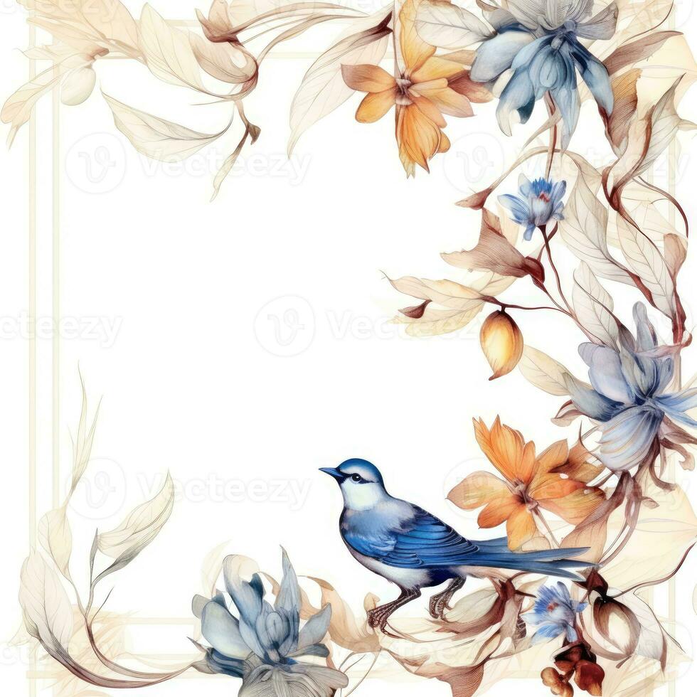 fågel blommig ram hälsning kort scrapbooking vattenfärg mild illustration gräns bröllop foto