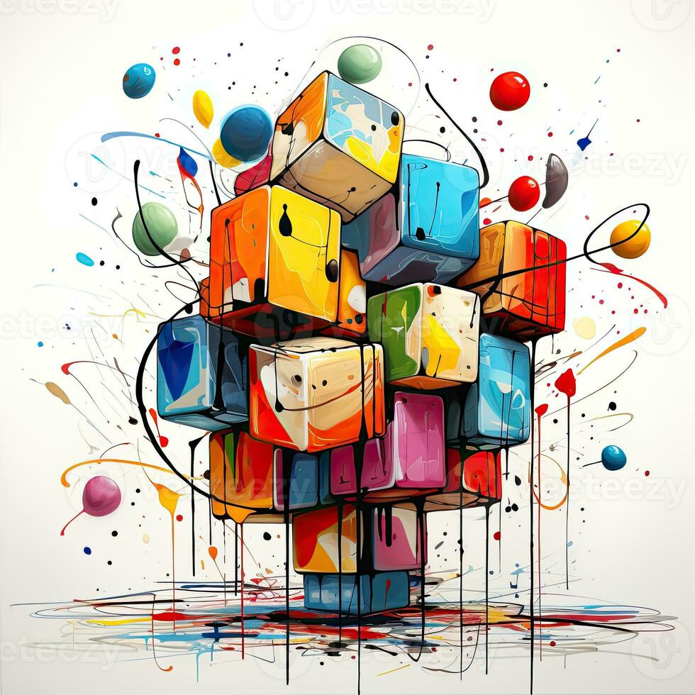 rubik kub abstrakt karikatyr overkligt lekfull målning illustration tatuering geometri modern foto