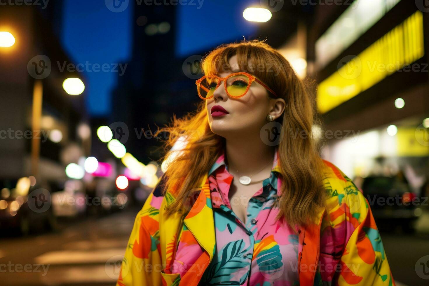 plus storlek modern kvinna gungande modern mot de vibrerande neon gator ai generativ foto