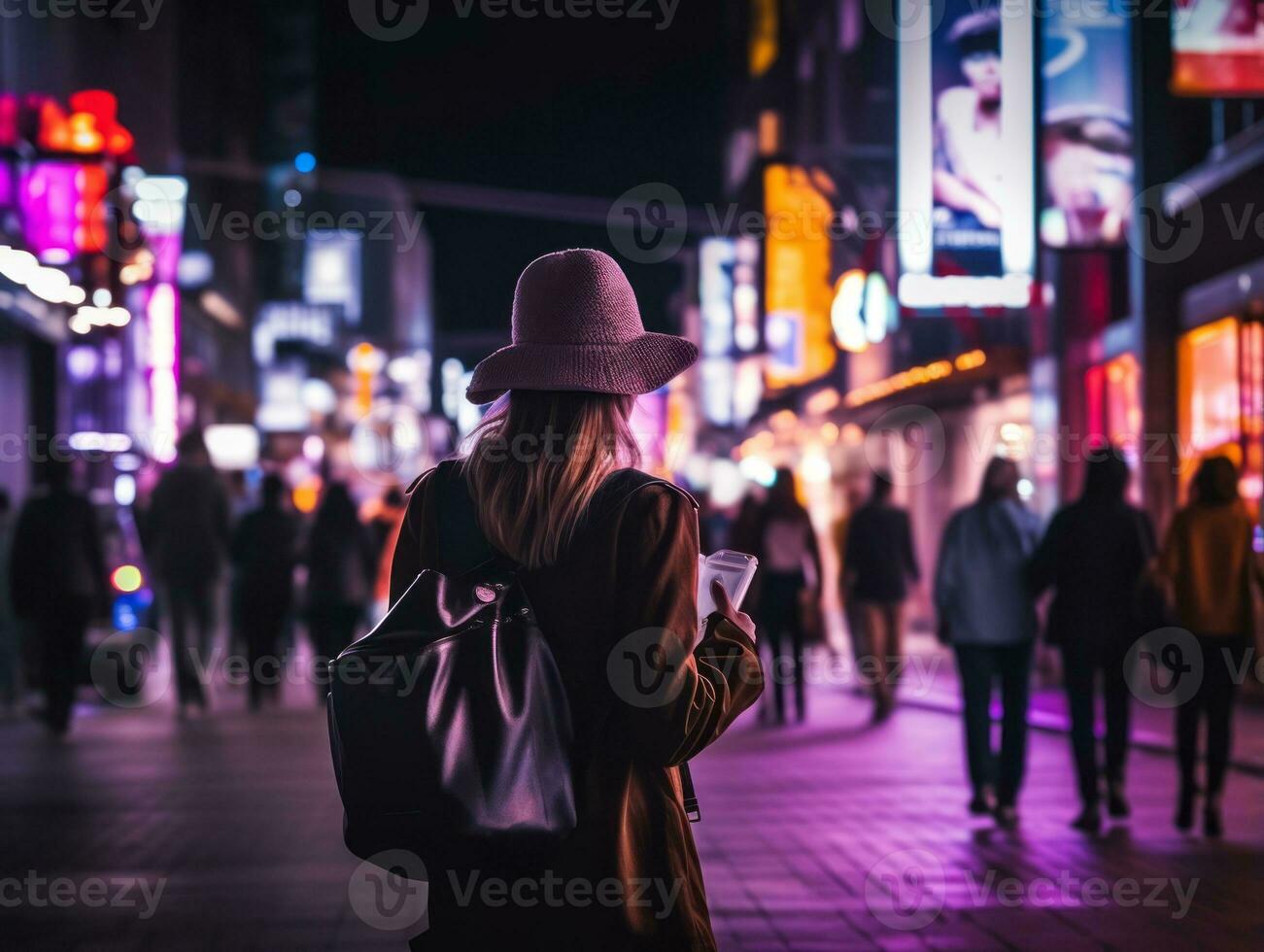 kvinna gående självsäkert genom de vibrerande neon belyst gator ai generativ foto