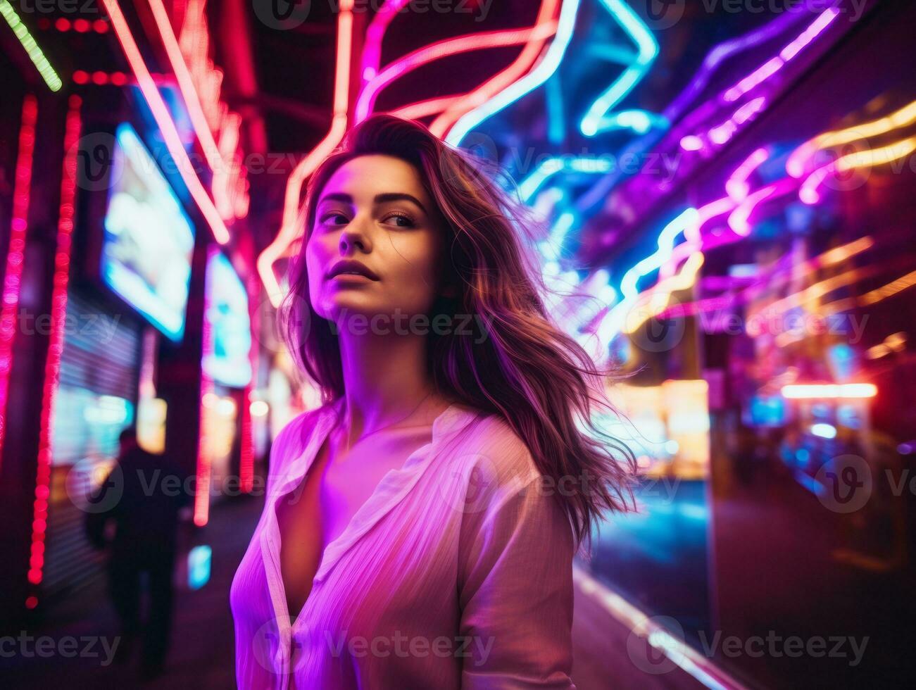 kvinna gående självsäkert genom de vibrerande neon belyst gator ai generativ foto