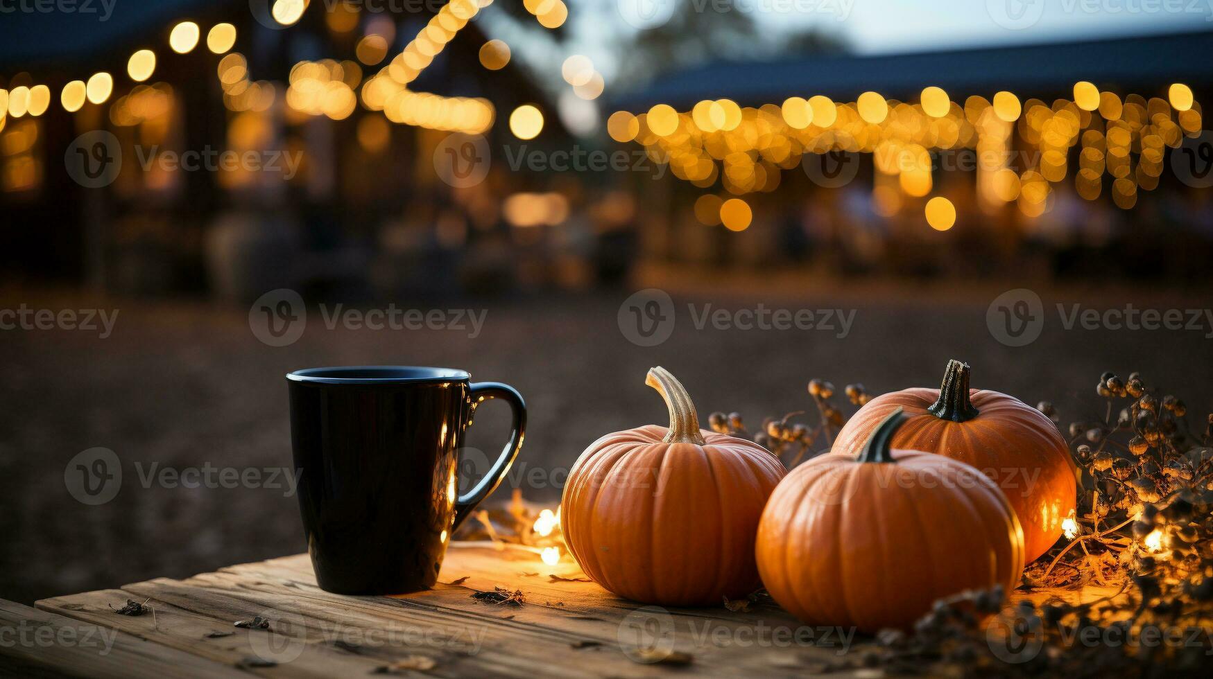 kopp av varm äpple cider, varm choklad eller kaffe på picknick tabell på ett utomhus- falla dekorerad fest. generativ ai. foto