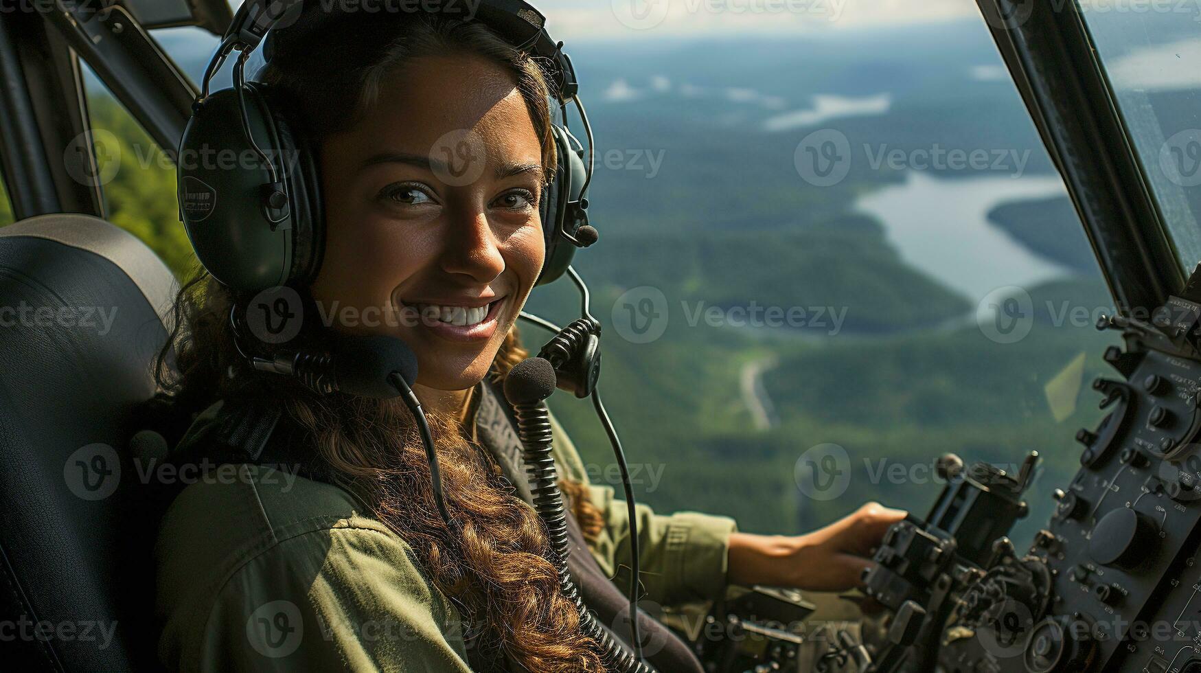 kvinna militär helikopter pilot i de cockpit - generativ ai. foto