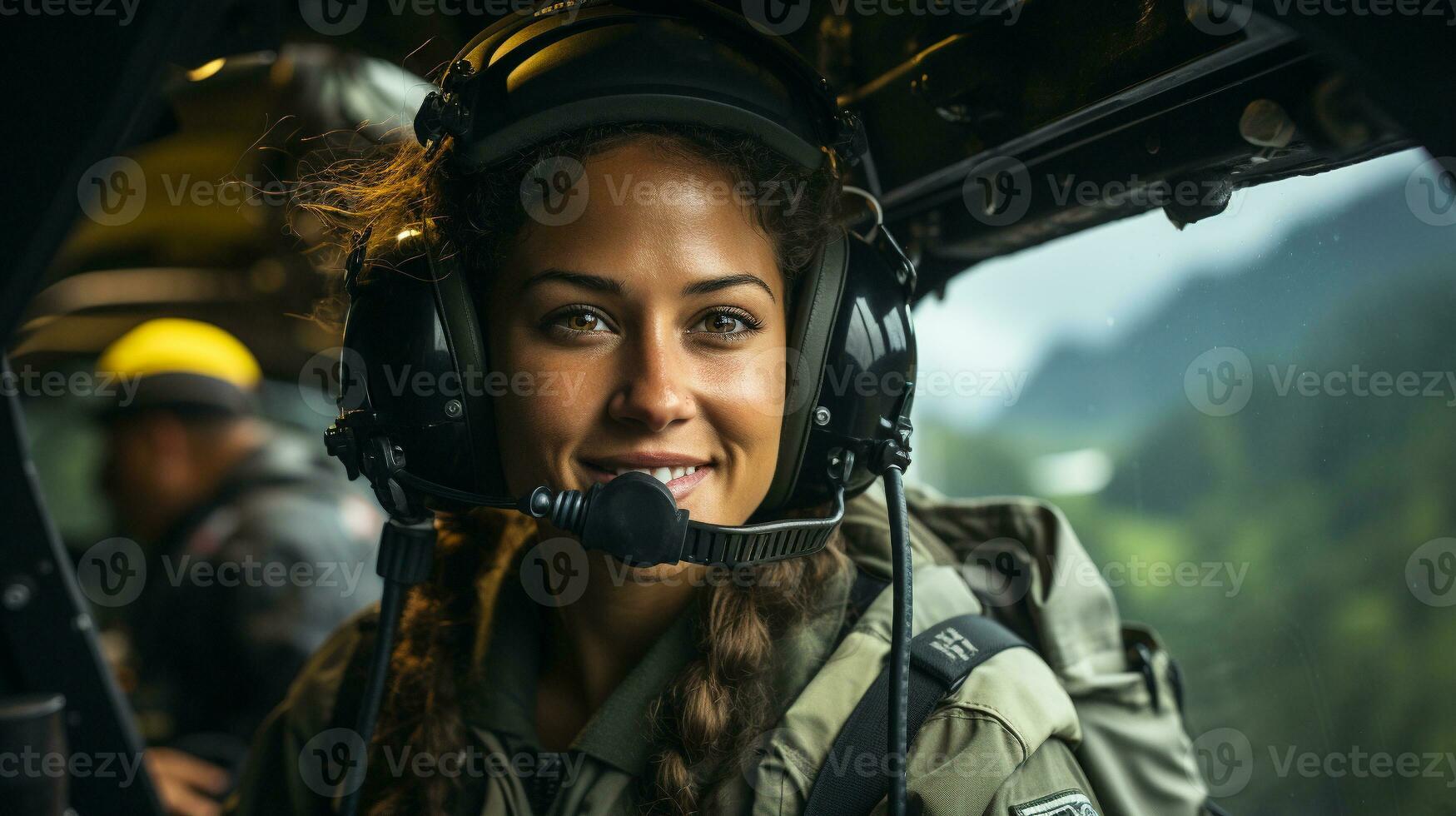 kvinna militär helikopter pilot i de cockpit - generativ ai. foto