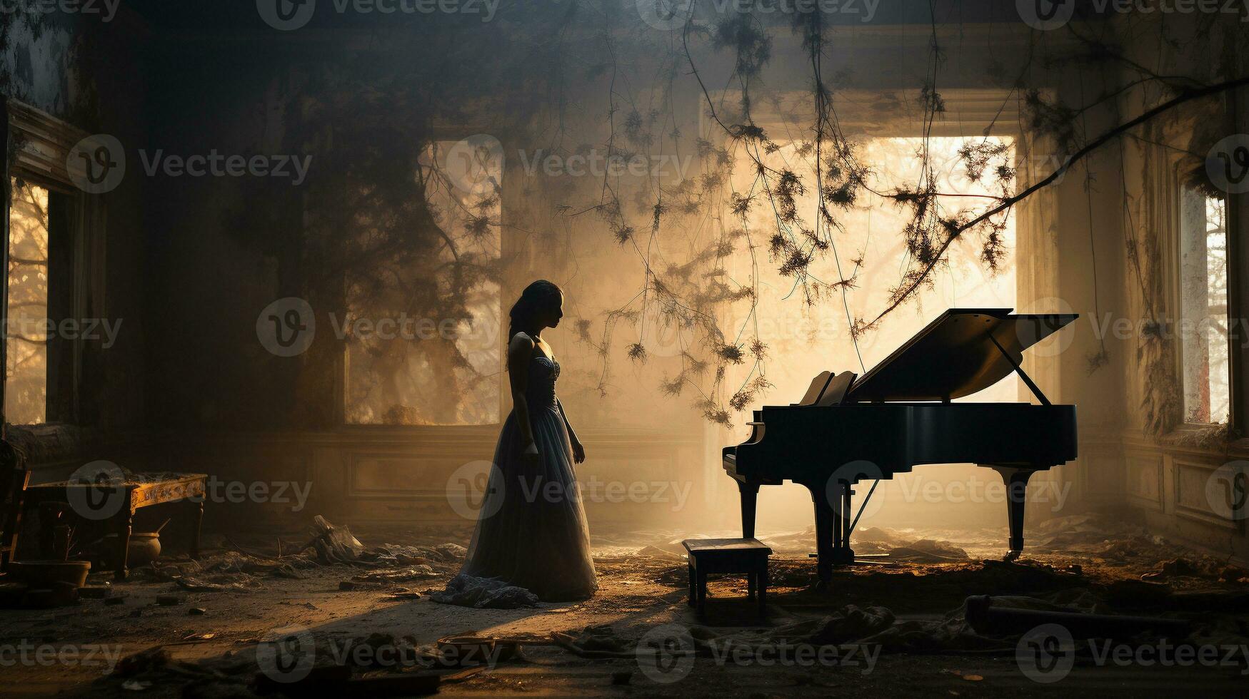 mystisk och läskigt kvinna figur bär en formell klänning stående Nästa till ett gammal dammig piano i ett övergiven hus - generativ ai. foto