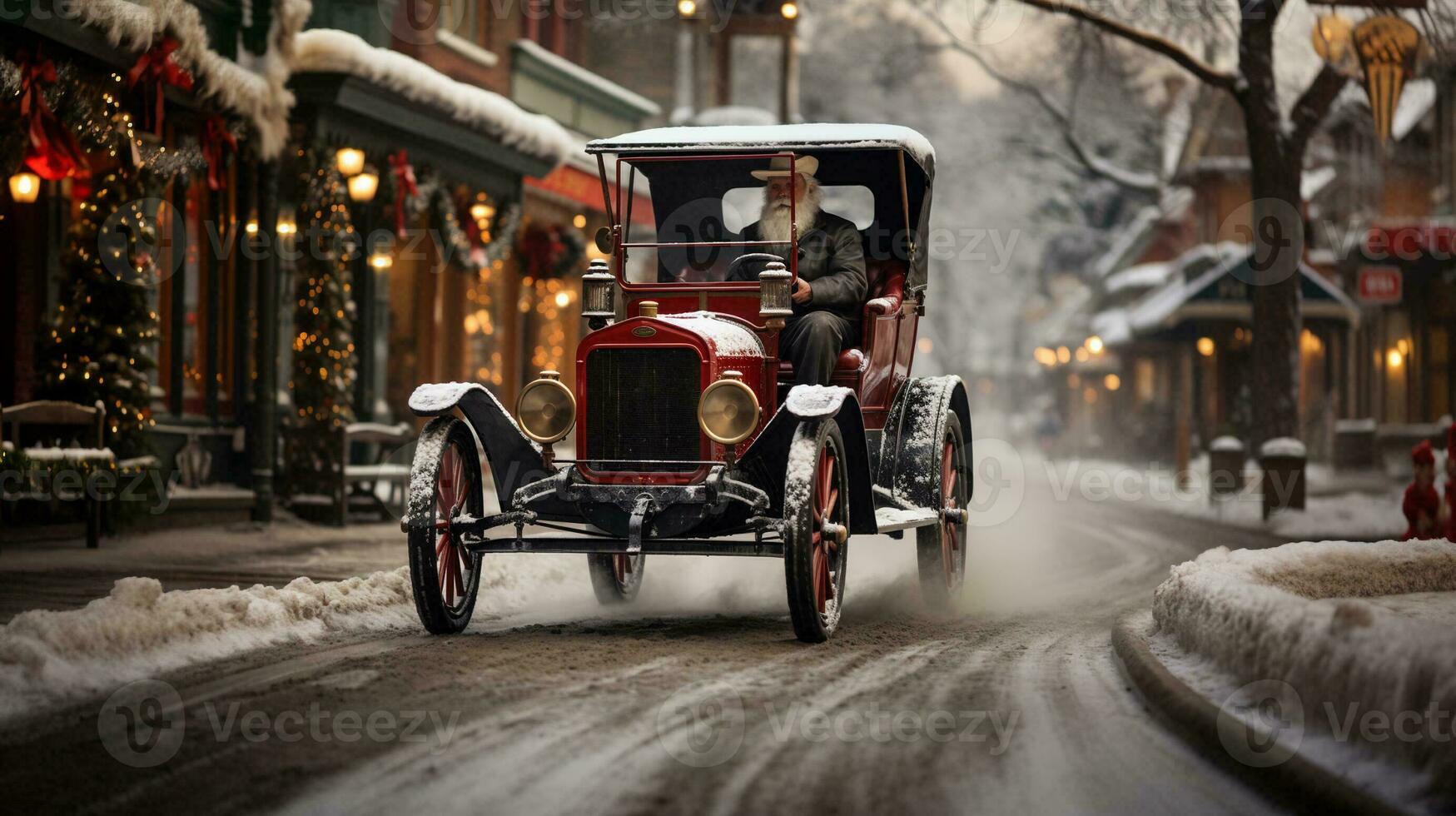 vit skäggig äldre man körning klassisk årgång bil ner de festligt jul dekorerad gata. generativ ai. foto