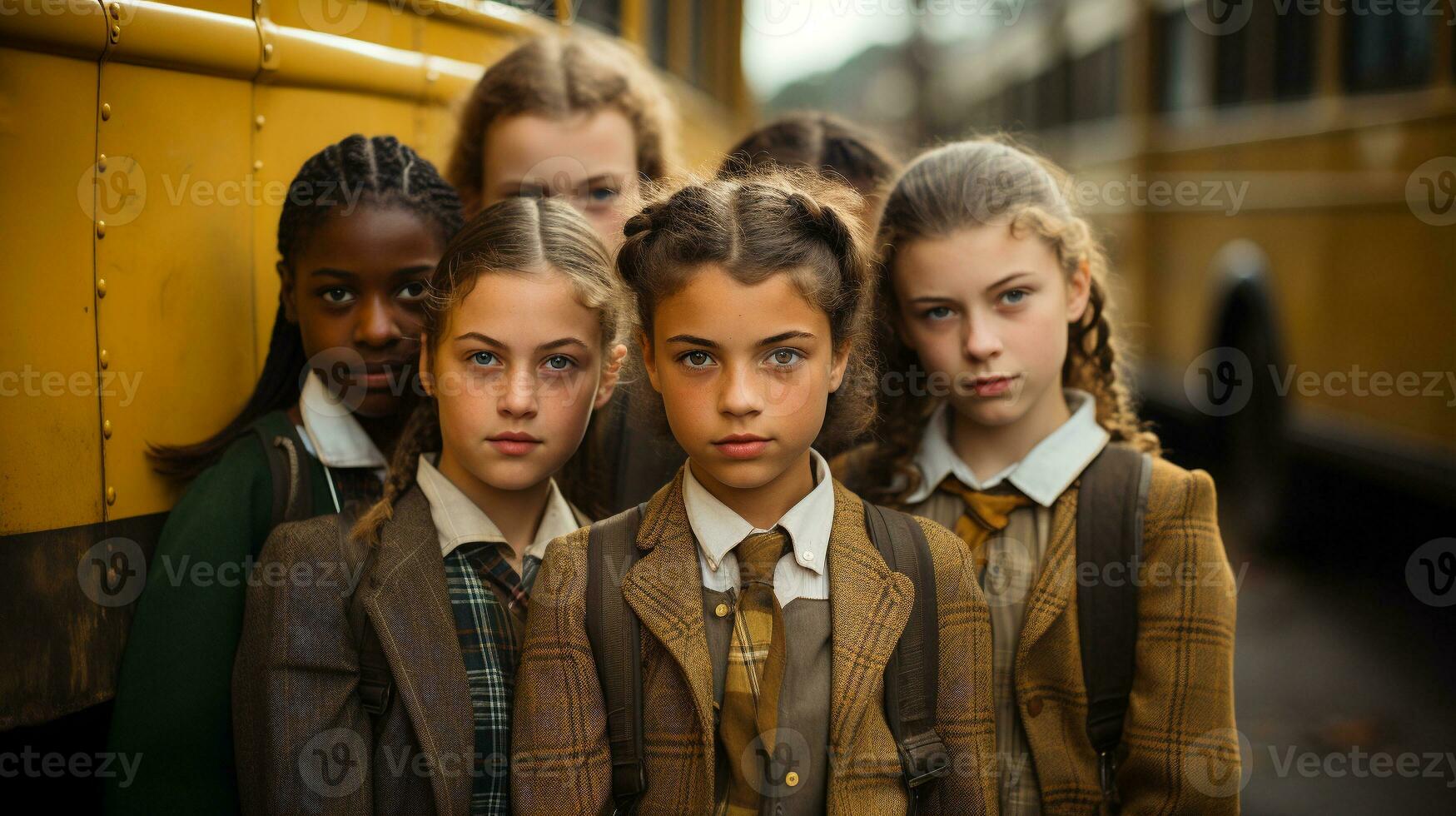 retro stil nastalgisk ung flickor stående nära de skola buss - generativ ai. foto