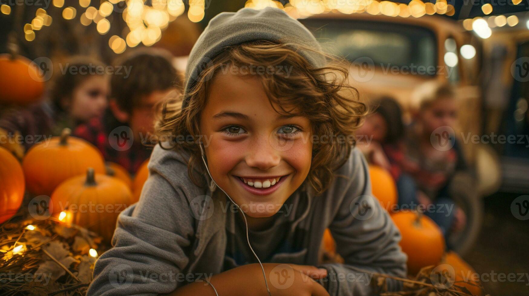 Lycklig ung barn njuter de falla skörda fester utanför - generativ ai. foto