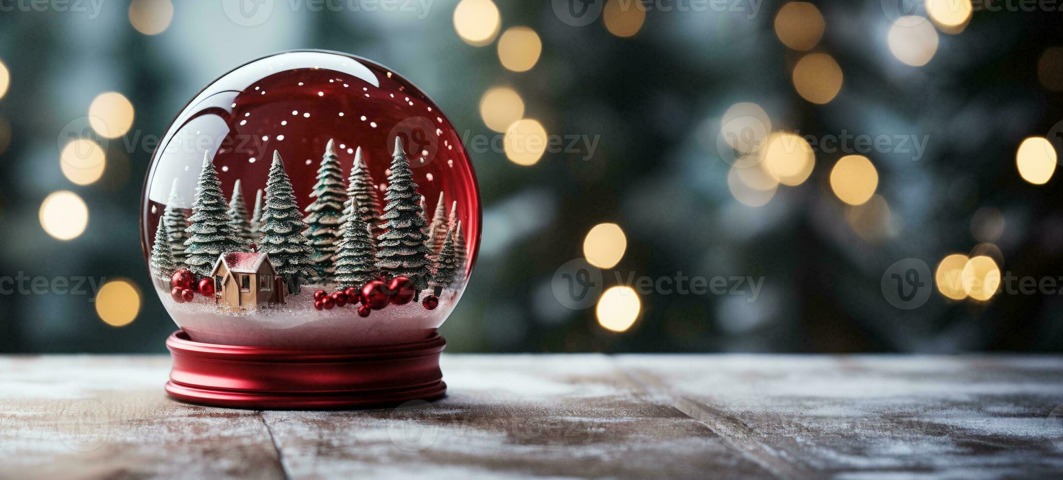 jul snö klot med tall träd och stuga på en trä yta baner. generativ ai. foto